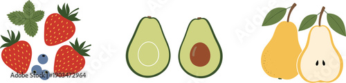Fresh fruit illustration set featuring strawberries, avocados, and pears for healthy food, nutrition, and organic design concepts