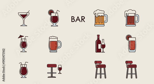 Bar icons set with various drinks and furniture