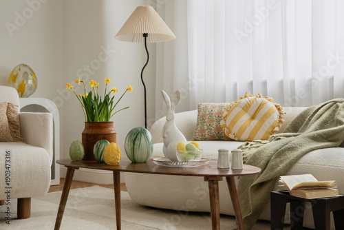 Contemporary Easter Home Decor with Rabbit and Eggs