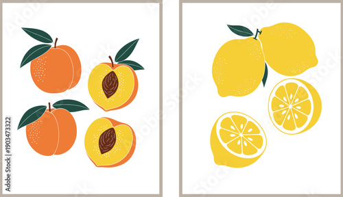 Minimal fruit poster set featuring peaches and lemons with sliced details in modern botanical flat vector illustration style