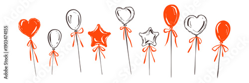 Set of hand drawn doodle happy birthday balloons. Heart, star shape foil balloon with coquettish ribbon bow. Valentines Day, wedding, carnival bachelorette girly sketch outline horizontal background