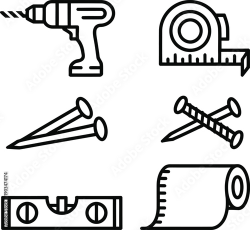 Assorted tools and hardware essentials for basic carpentry and construction tasks

