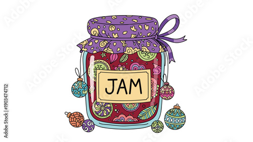 Ornate glass jar of homemade jam decorated with a patterned lid and colorful Christmas baubles, a festive and cozy winter holiday illustration.