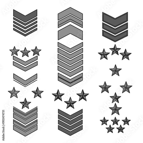 Military Rank Insignia Chevrons and Stars in Gray Tones