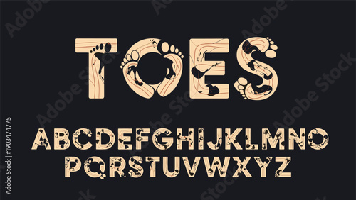Creative display font made from wood and footprints, a unique and natural alphabet design for nature and outdoor themed projects.