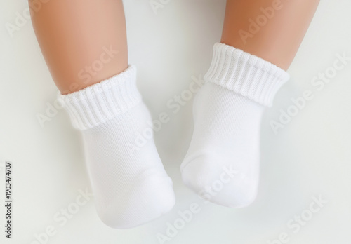 Photography Blank white socks on newborn baby legs mockup, ai generated