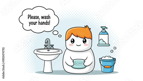 Cute character reminding to please wash your hands, a helpful and friendly illustration promoting hygiene and health during a pandemic.