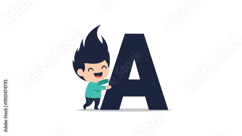 Cute cartoon boy happily hugging the giant letter A, a charming and playful illustration for children's learning and education.