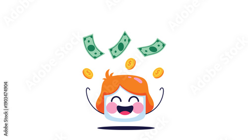 Happy cartoon character with red hair jumping for joy as money in the form of bills and coins rains down from above.