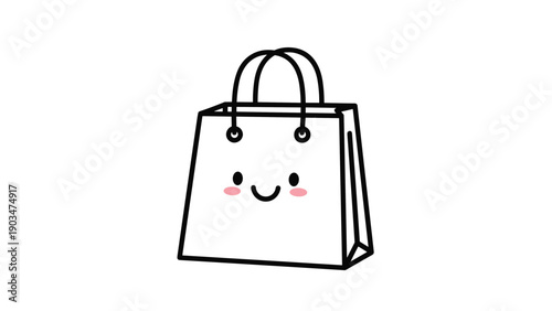Minimalist line art illustration of a cute white shopping bag with a happy smiling face and rosy cheeks on the front.