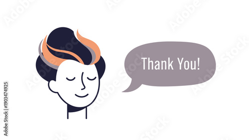 A stylized character with eyes closed in a peaceful smile, with a speech bubble expressing gratitude with the words 'Thank You!'.