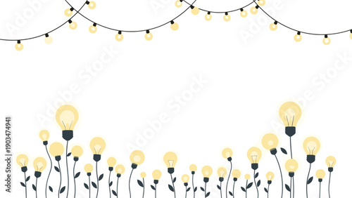 Creative concept illustration with glowing light bulbs growing like flowers from the ground and a string of lights above.