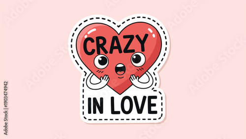 A cute and funny Valentine's Day sticker design of a cartoon heart with a shocked face and the phrase 'Crazy In Love'.