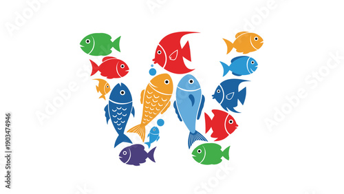 A colorful collection of stylized fish of various shapes and sizes creatively arranged to form the capital letter W.