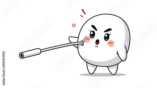 A cute but annoyed white cartoon character is being inflated by a pump, causing its cheeks to puff out in protest.