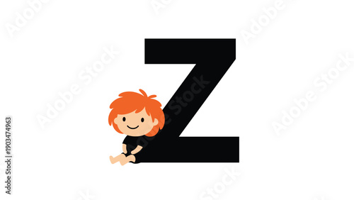 Educational alphabet illustration for children featuring a cute cartoon kid with red hair sitting next to the letter Z.
