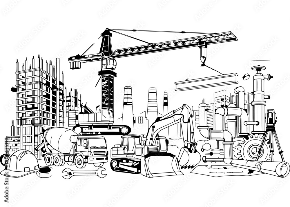 Fototapeta premium Detailed urban construction site illustration featuring cranes excavators and building structures in line art style for educational coloring activities and industrial development concept art.