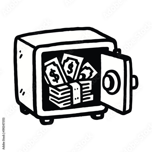 Open safe box with cash bundles drawing