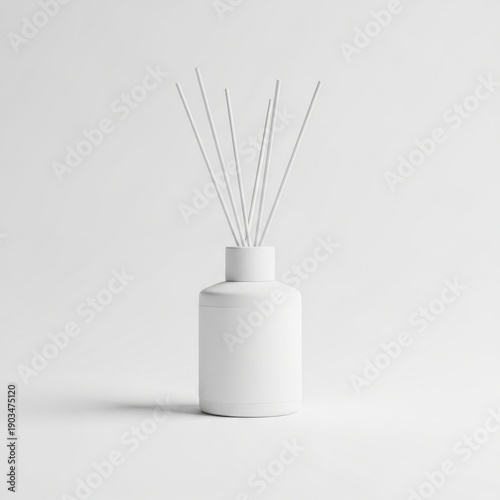 Minimalist White Diffuser Bottle With Tall Thin Reeds Standing In The Center Of The Frame Against A Seamless Soft Light Gray Studio Background With Subtle Shadows Isolated White Background