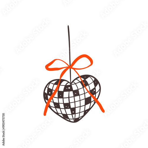 Hand drawn outline doodle disco ball with coquette bow. Whimsical nightclub, bar, bachelorette party discoball. Girly design element for love Valentines day, Birthday, New year celebration, wedding