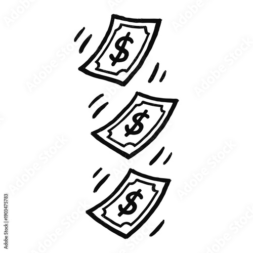 Flying dollar bills line drawing