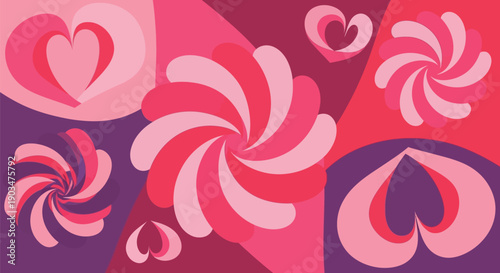 A vibrant and colorful graphic design featuring pink and purple swirls and hearts