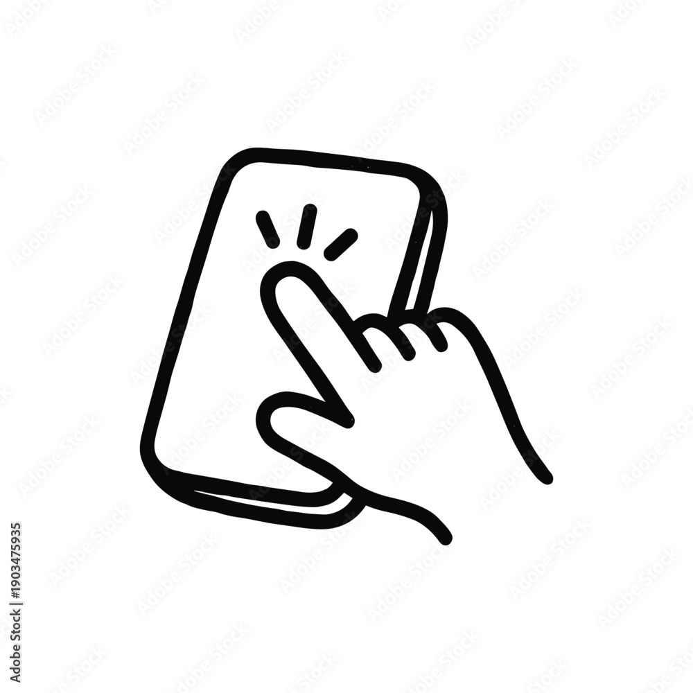 Fototapeta premium Hand tapping smartphone screen black line icon