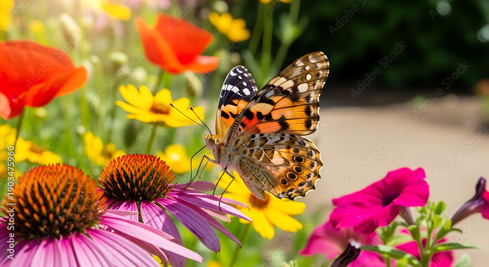 Obraz premium Beautiful butterfly on vibrant flowers in a sunny garden