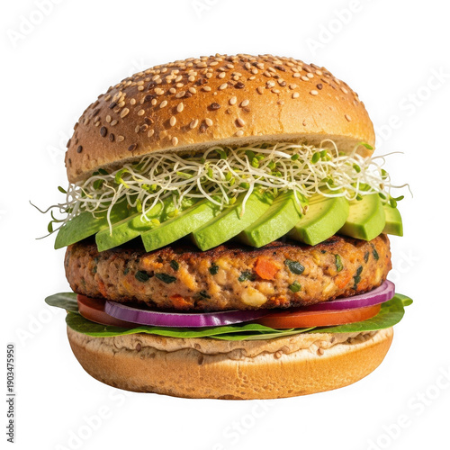 A mouthwatering veggie burger with fresh lettuce, tomatoes, and other ingredients on a toasted bun isolated on transparent background