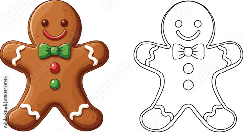 Cute gingerbread man cookie illustration with colorful icing and outline version, perfect for Christmas coloring pages, holiday baking designs, kids artwork, and festive vector graphics