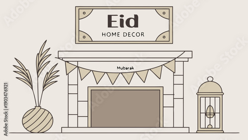 Eid Home Decor Illustration with Mubarak Banner and Traditional Ornaments
