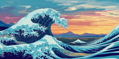 Vector illustration of a serene sea landscape featuring blue ocean waves and majestic mountains under a summer sunset sky with soft clouds and sun light reflections on the water