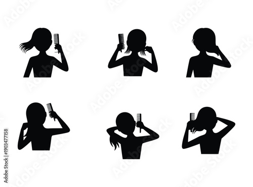Vector silhouettes of women combing hair, brushing, styling, and touching head, isolated on white