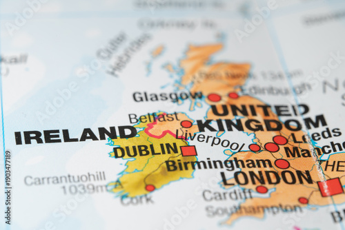 Photography Close-up map showing Ireland and the United Kingdom with major cities highlighte