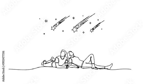 Minimal line couple stargazing with falling stars vector illustration