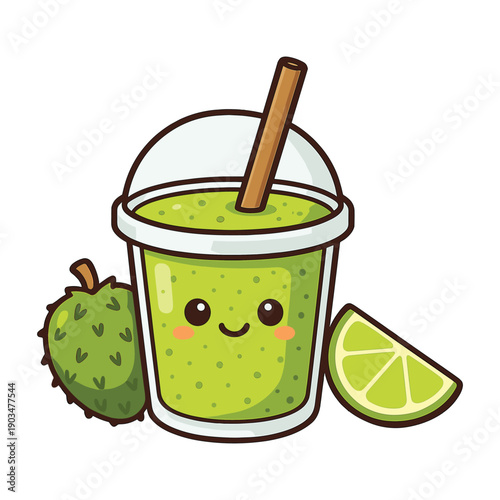 Kawaii soursop smoothie with straw and fruit slice