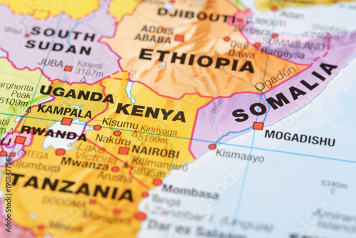 Map of East Africa showing Kenya, Somalia, Ethiopia, Uganda, Tanzania and Rwanda