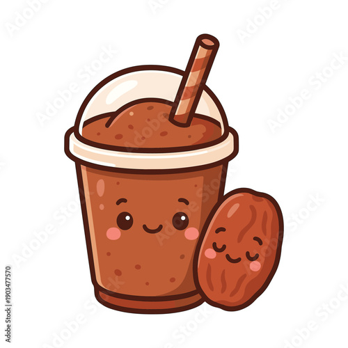 Chocolate smoothie cup with almond character kawaii style