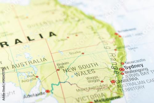Close-up view of a map showing Australia, with focus on New South Wales and Sydney
