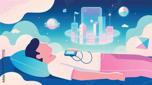 Illustration Of A Person Sleeping With A Device In A Dream World Transformed Into A Holographic Cloud City Vector Design Template
