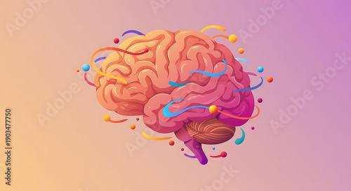 Vibrant Abstract Brain Illustration: Symbolizing Creativity, Ideas, and Cognitive Processes with Colorful Swirls and Dots
