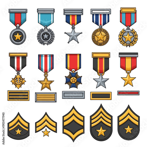 Collection of Military Medals, Ribbons, and Insignia - Award and Recognition Symbols