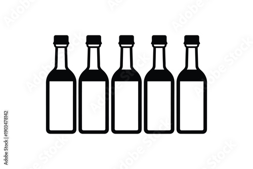 Five black outline bottles lined up on a white background illustration
