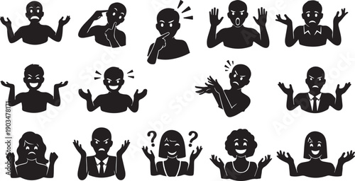 Various cartoon people expressing emotions and reactions in black