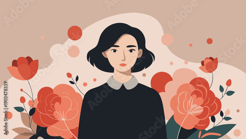 young woman holding a bouquet of colorful flowers in a garden.eps