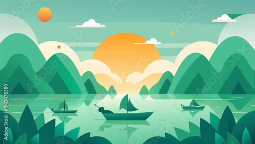 Minimalist Chinese Duanwu Festival poster with dragon boat silhouettes and green geometric landscape.eps