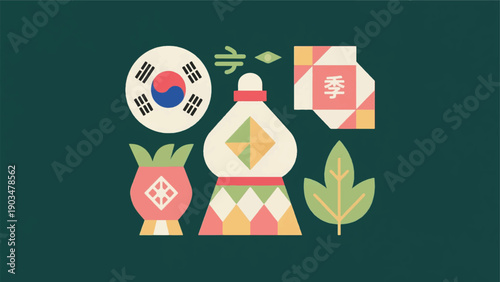 Illustration Of Traditional Korean Cultural Symbols Related To Seasons, Leaves And Geometric Ornaments Vector Design Template