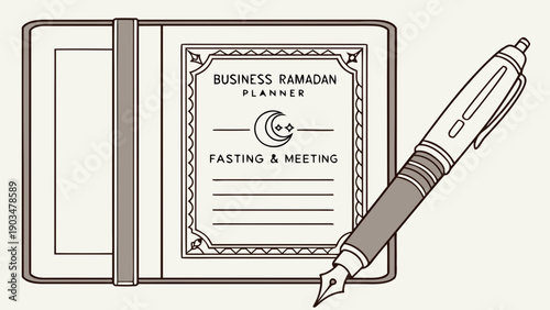 A highly detailed vector illustration of a business Ramadan planner and fountain pen on a clean background viewed from directly above