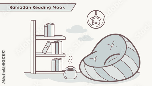 Cozy Ramadan Reading Nook with Books, Bean Bag, and Tea