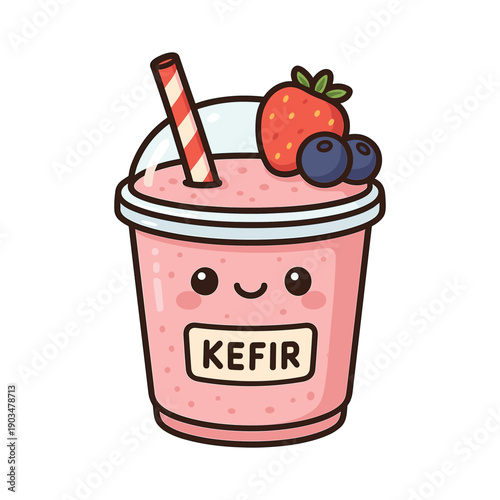 Cute kefir smoothie cup with straw and fruits